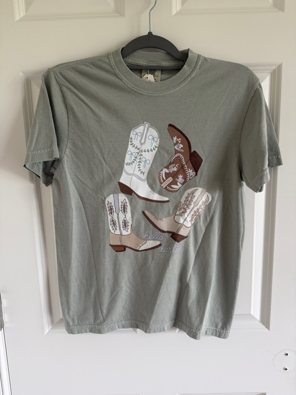NWOT Graphic Tee with "Hello Darlin" Western Boot Print - Sage Green